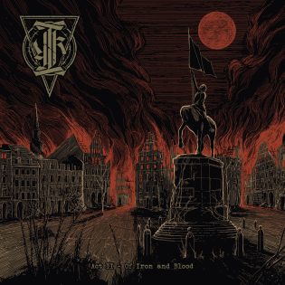 Album cover of LÖMSK - Act II - Of Iron and Blood. Depicting a war scenario with a city burning
